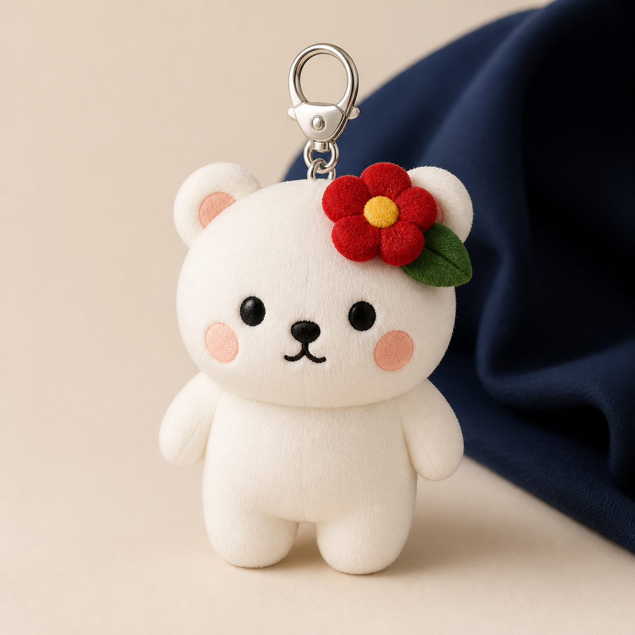 은색 고리가 달린 하얀 곰 백이 봉제 키링 기획 샘플